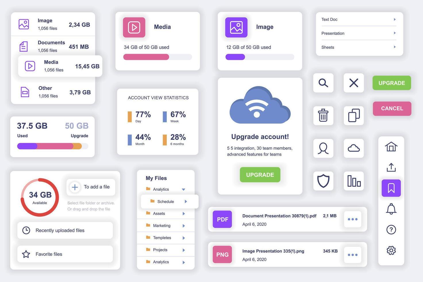 User interface elements set for cloud technology mobile app. Kit template with HUD diagrams, files management, storage system, content information. Pack of UI, UX, GUI screens. Vector components.