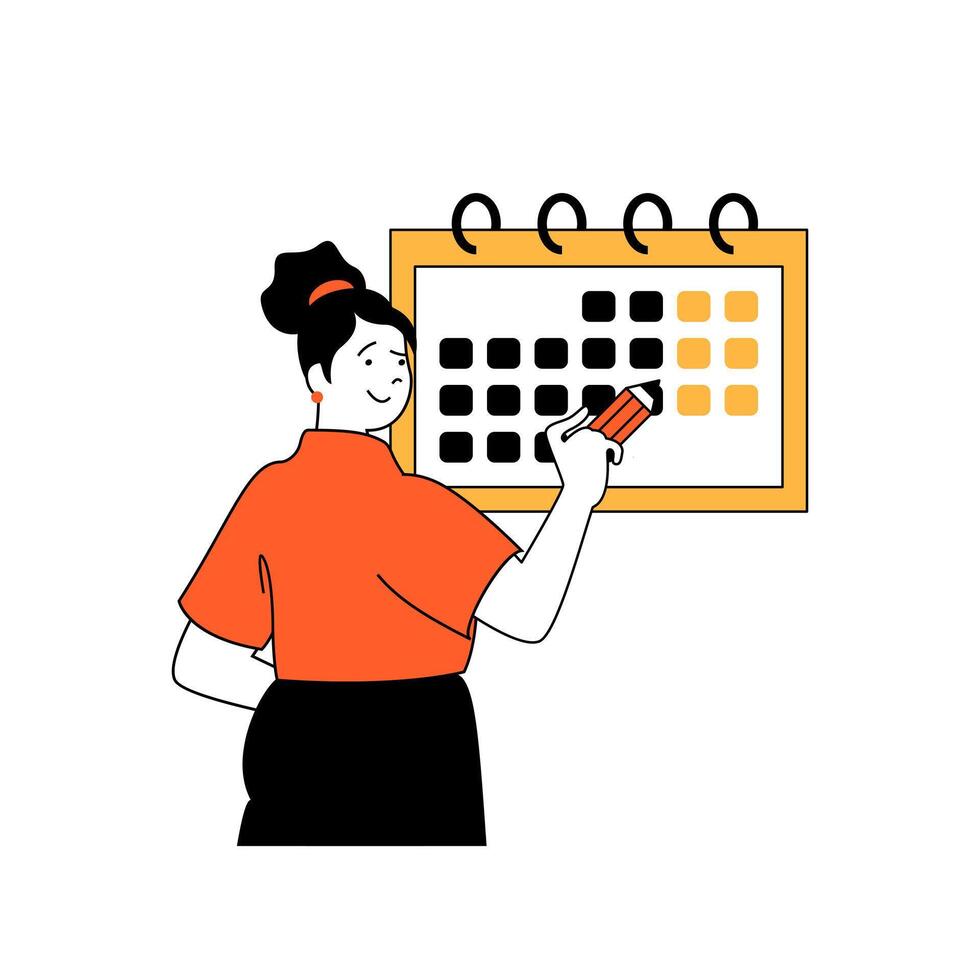 Fitness concept with cartoon people in flat design for web. Woman marking training days at calendar and planning workouts at list. Vector illustration for social media banner, marketing material.