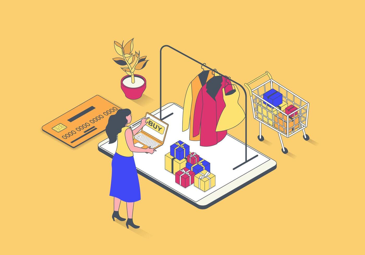 E-commerce concept in 3d isometric design. Woman making online shopping and ordering new goods in internet store with delivery at home. Vector illustration with isometry people scene for web graphic