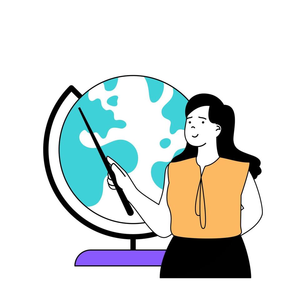 Education concept with cartoon people in flat design for web. Teacher pointing at globe and explaining geography lesson to pupils. Vector illustration for social media banner, marketing material.