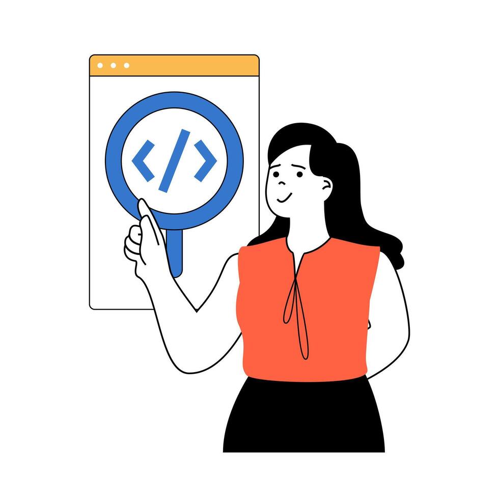 Programming concept with cartoon people in flat design for web. Woman works as programmer, researching software and fixing bugs. Vector illustration for social media banner, marketing material.
