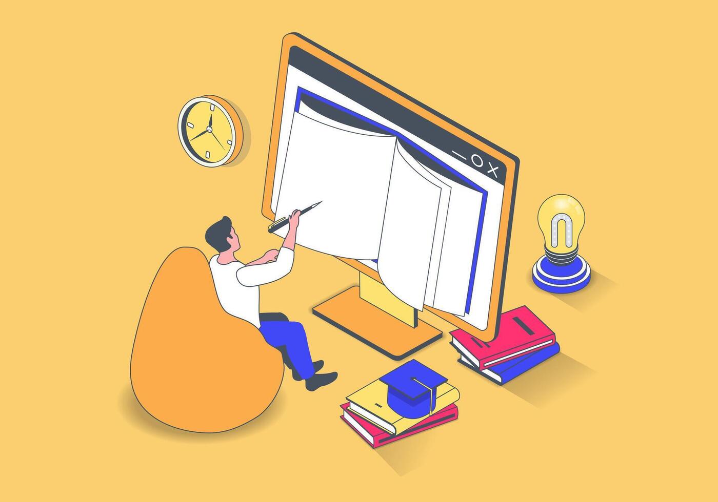 Online education concept in 3d isometric design. Man making homework at computer, reading digital books or textbooks, studying distantly. Vector illustration with isometry people scene for web graphic