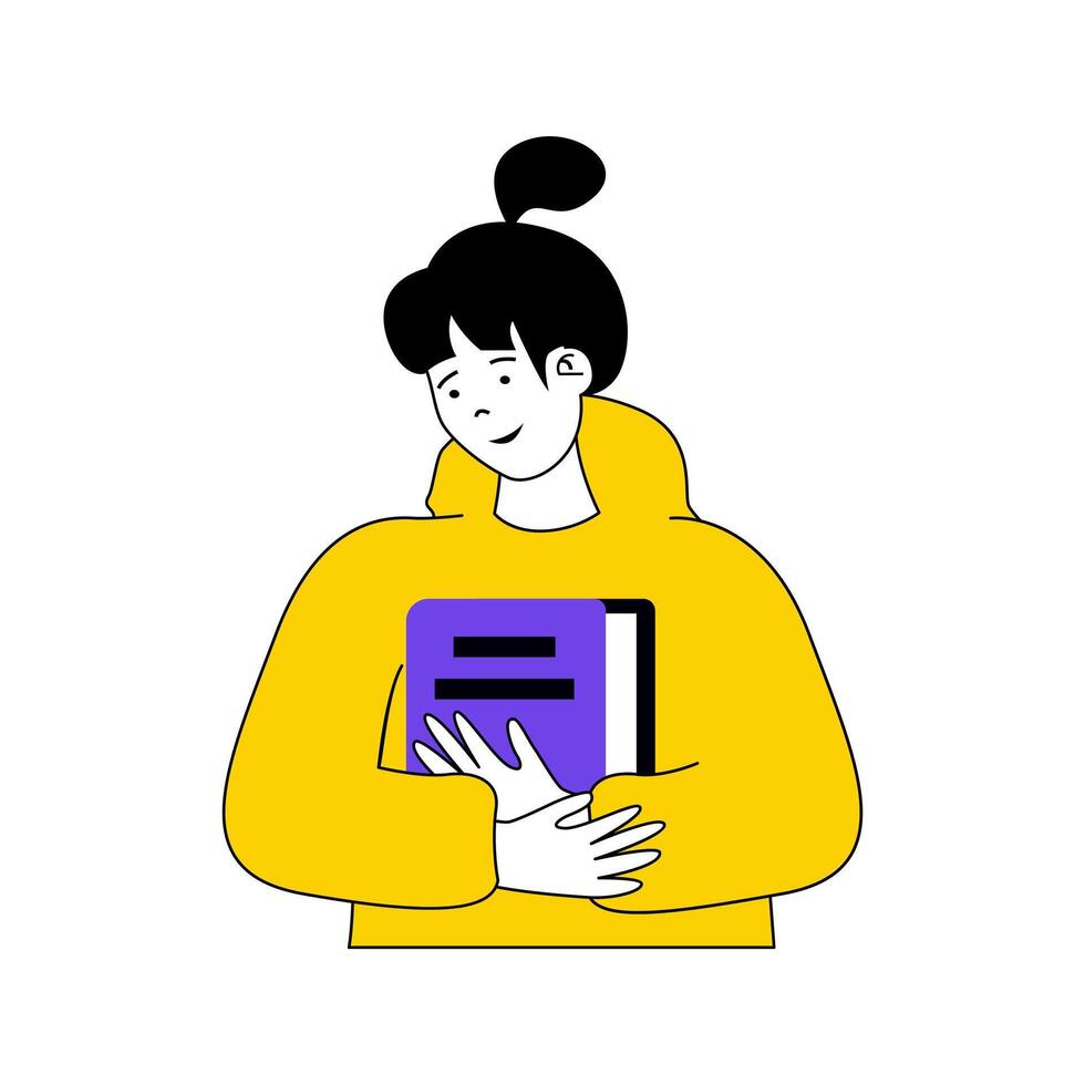 Book reading concept with cartoon people in flat design for web. Woman is bookworm and hugging her favourite novel or fairytale text. Vector illustration for social media banner, marketing material.