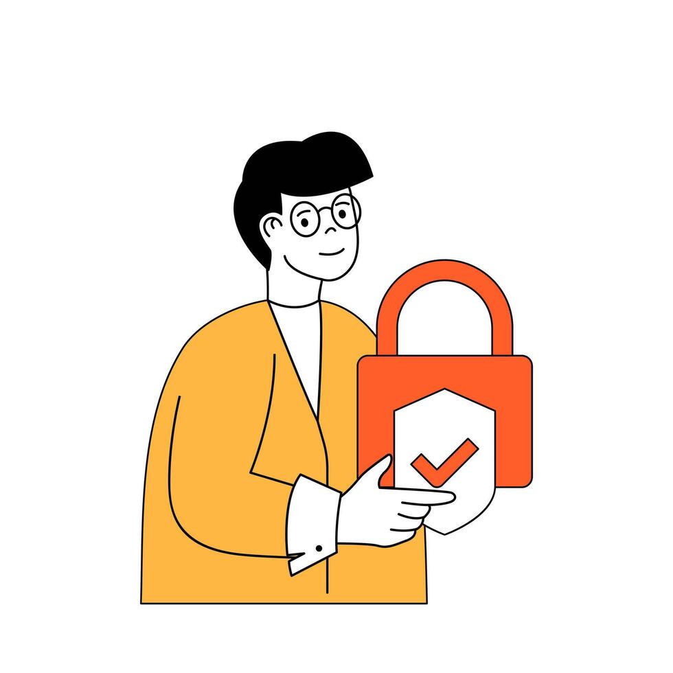 Cyber security concept with cartoon people in flat design for web. Man uses shield security system with padlock password access. Vector illustration for social media banner, marketing material.