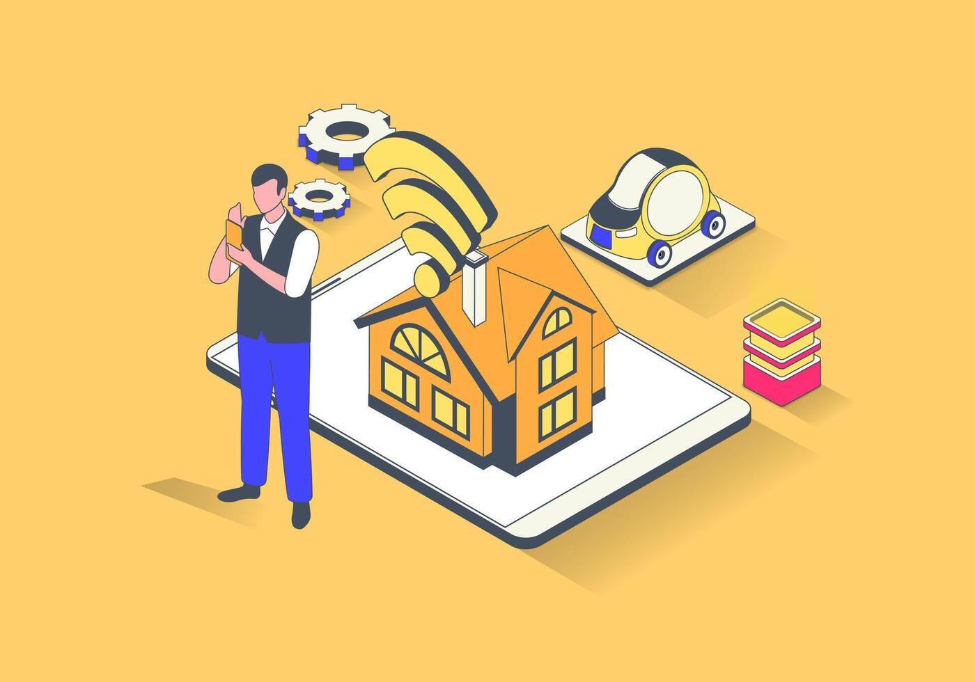 Smart home concept in 3d isometric design. Man monitoring house system automatization performances, managing from mobile app with wifi. Vector illustration with isometry people scene for web graphic