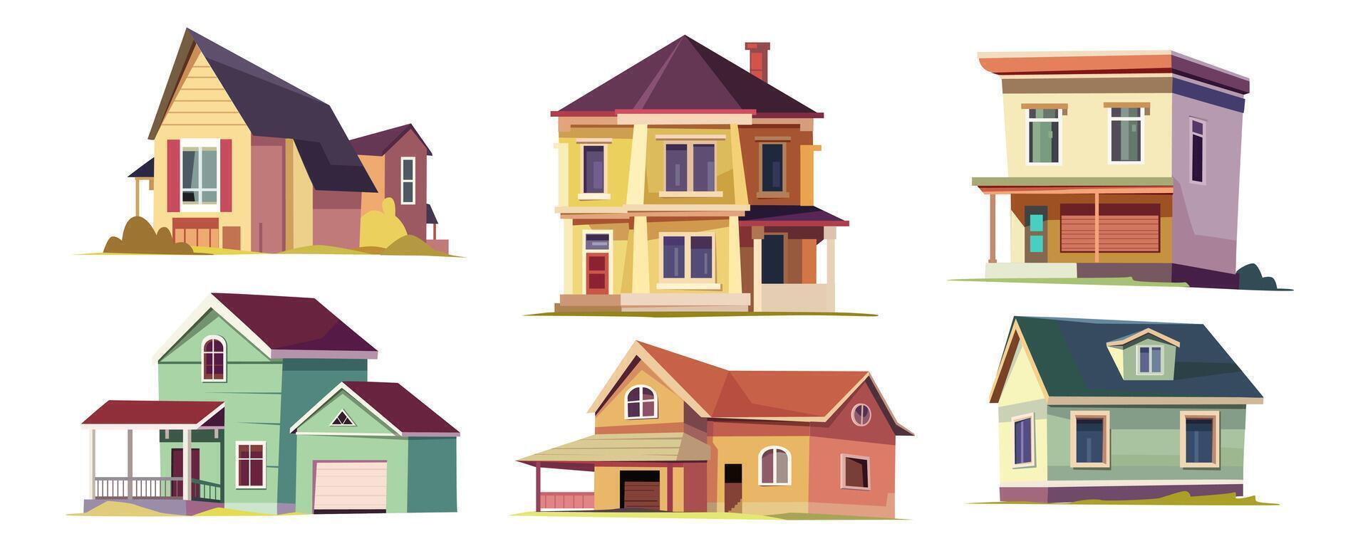 pueblo edificio mega conjunto en dibujos animados gráfico diseño. haz elementos de diferente tipos de suburbano casas, bungalow y cabañas, suburbio residencial real bienes. vector ilustración aislado objetos