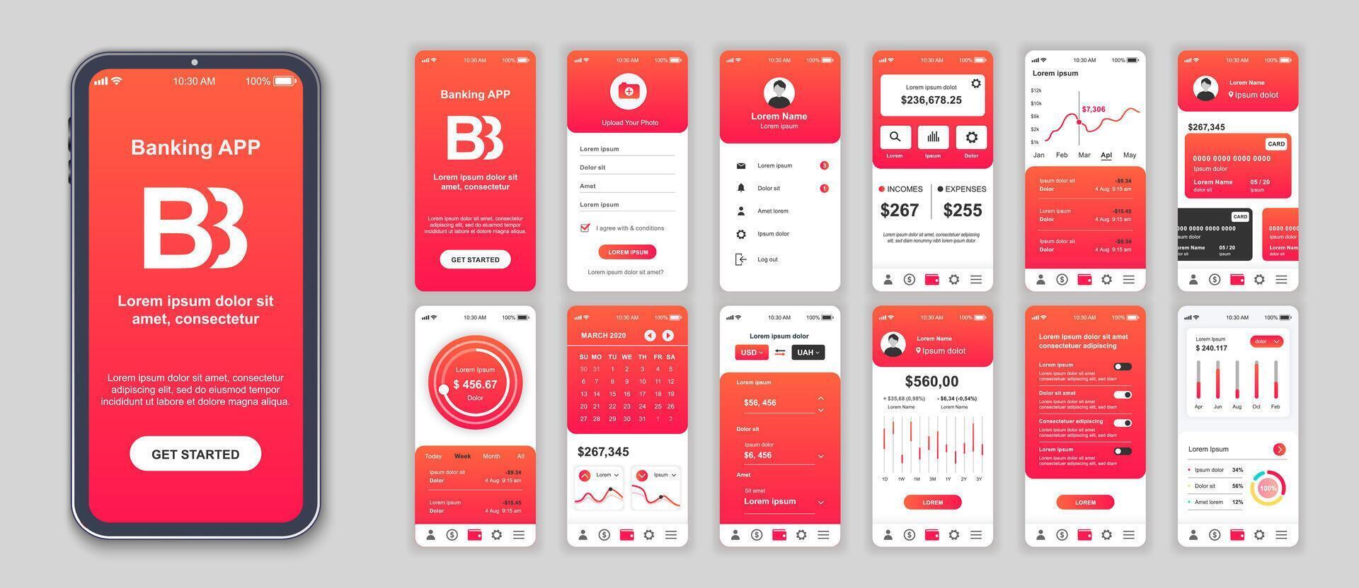 Banking mobile app interface screens template set. Online account, balance, financial management, currency exchange, navigation menu. Pack of UI, UX, GUI kit for application web layout. Vector design.