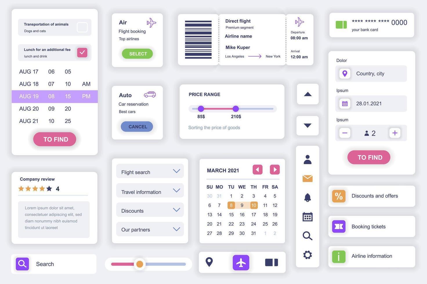 User interface elements set for booking mobile app. Kit template with HUD diagrams, airline ticket, boarding pass form, calendar, travel information. Pack of UI, UX, GUI screens. Vector components.