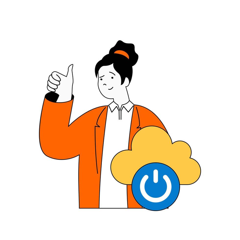 Cloud computing concept with cartoon people in flat design for web. Woman using hosting service, database processing with data backup. Vector illustration for social media banner, marketing material.