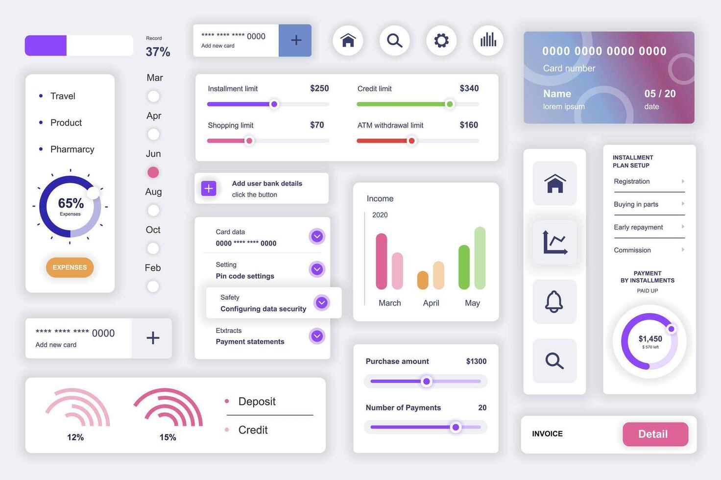 usuario interfaz elementos conjunto para datos análisis móvil aplicación equipo modelo con hud diagramas, estadística gráficos, financiero informe, crédito tarjeta, actuación. paquete de ui, ux, gui pantallas vector componentes