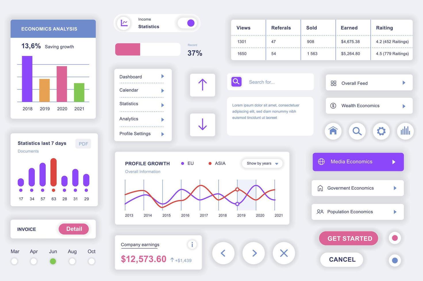 User interface elements set for accounting mobile app. Kit template with HUD diagrams, profile, statistics dashboard, financial data graphs, calendar. Pack of UI, UX, GUI screens. Vector components.