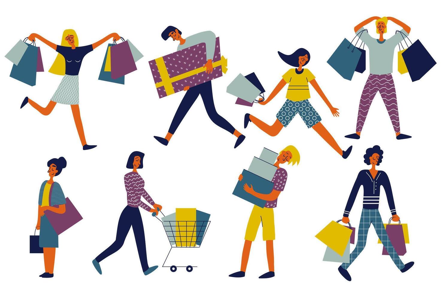 People shopping set in flat character design for web. Bundle persons of different women and men with bags, boxes and supermarket trolleys making purchases and ordering in shops. Vector illustration.