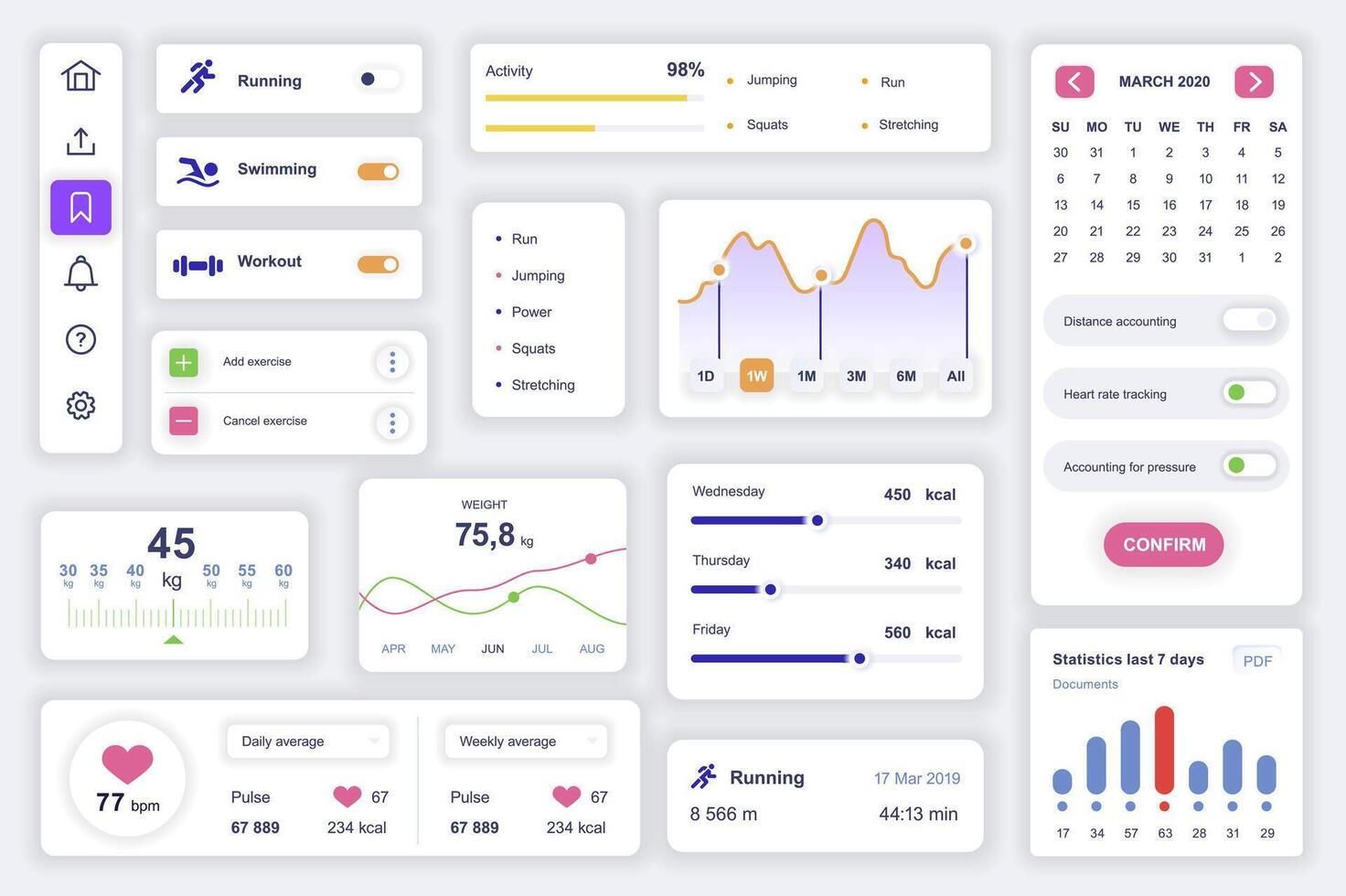 usuario interfaz elementos conjunto para aptitud móvil aplicación equipo modelo con hud diagramas, correr, nadar, rutina de ejercicio información, formación supervisión cartas paquete de ui, ux, gui pantallas vector componentes