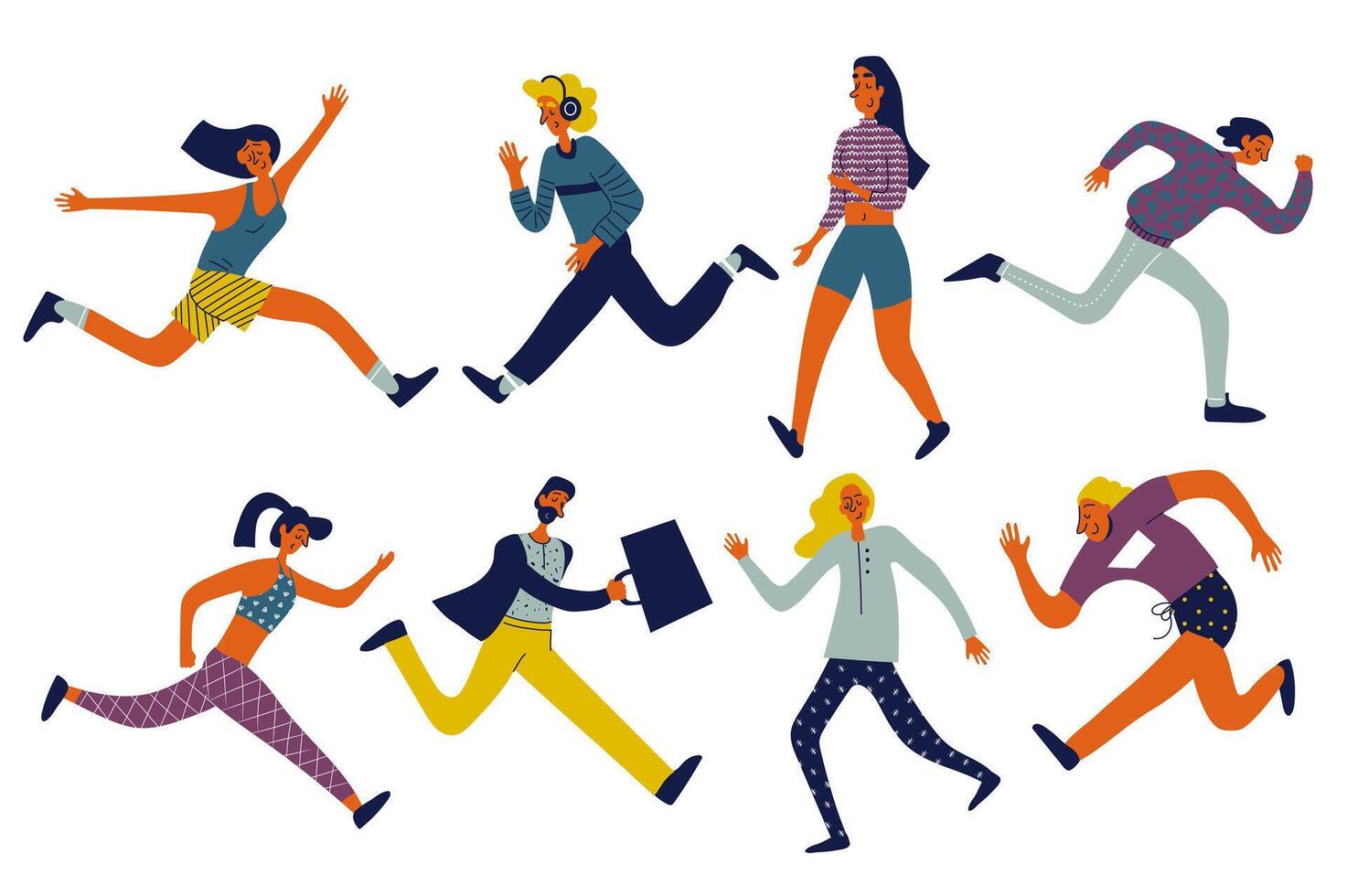 People running set in flat character design for web. Bundle persons of different women and men run fast, hurrying and rushing forward, jogging and doing training for marathon. Vector illustration.