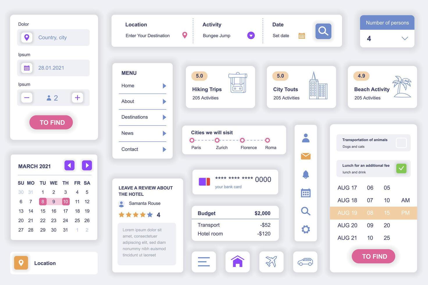 User interface elements set for travel agency mobile app. Kit template with HUD diagrams, destination, calendar, location, hiking trip, tour activity. Pack of UI, UX, GUI screens. Vector components.
