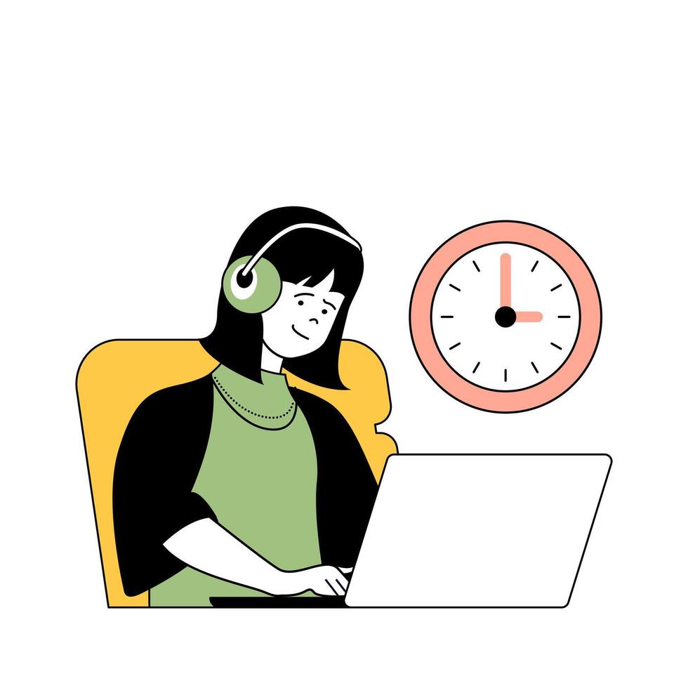 Time management concept with cartoon people in flat design for web. Woman works at laptop and finishing project tasks to deadline. Vector illustration for social media banner, marketing material.