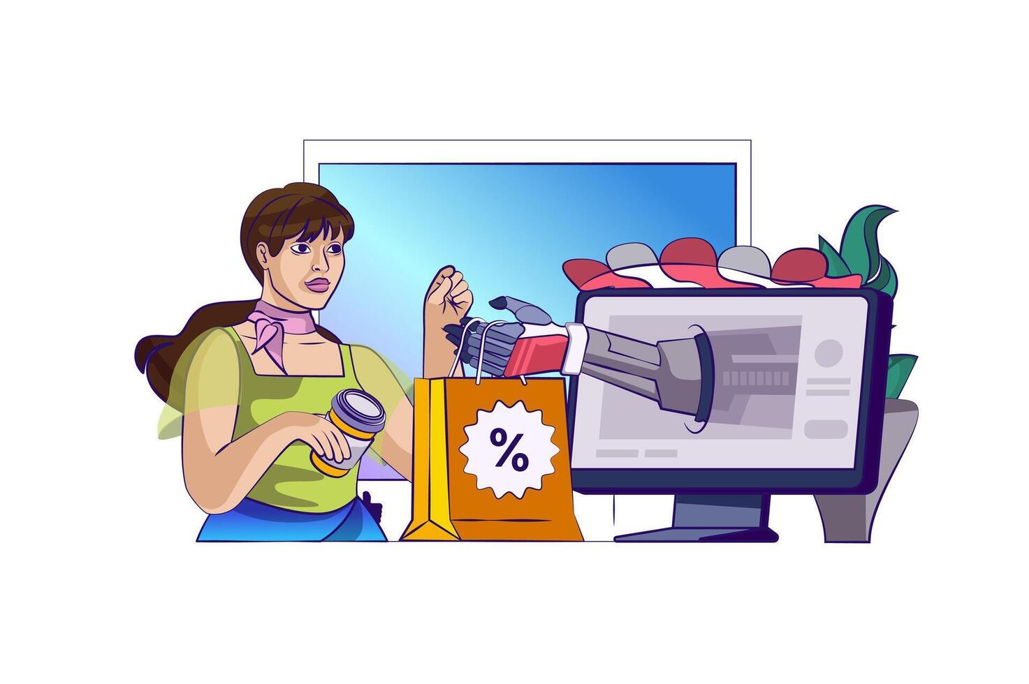 comercio electrónico concepto con personas escena en plano dibujos animados diseño para web. mujer compras a estacional ventas en en línea historias con entrega. vector ilustración para social medios de comunicación bandera, márketing material.