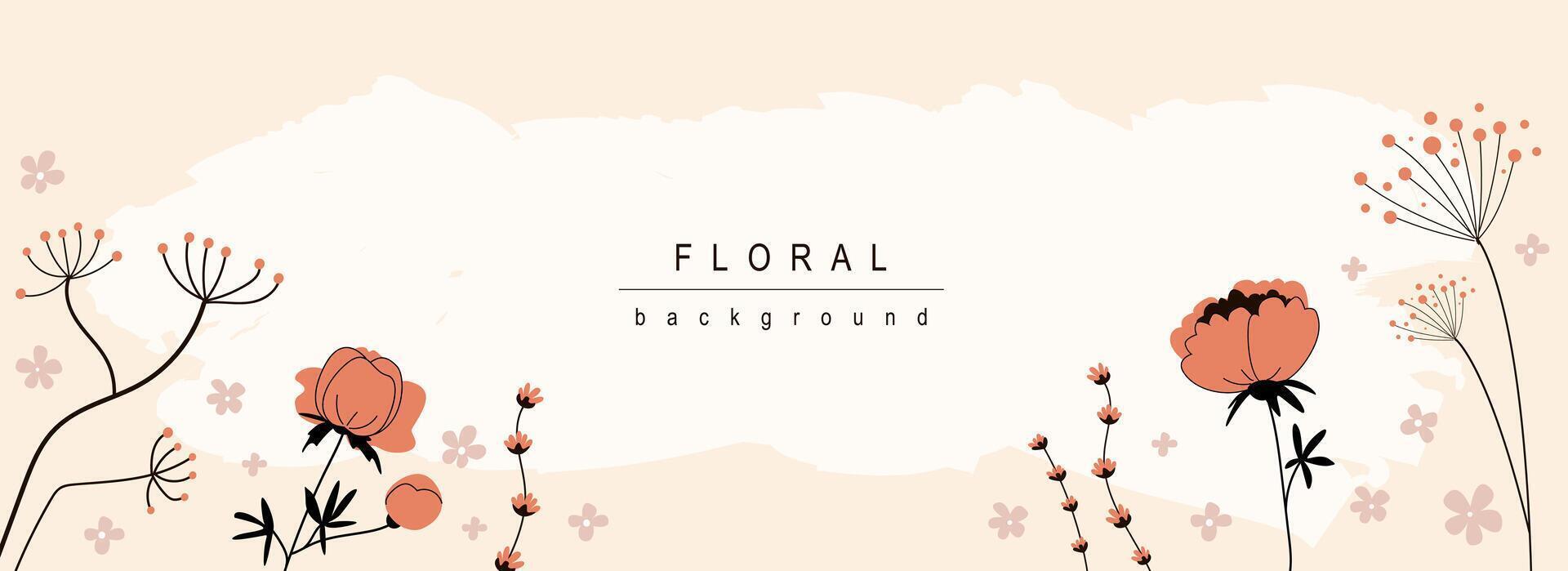 Floral horizontal web banner. Abstract wildflowers, red peony and blooming flowers, twigs and herbs on decorative background. Vector illustration for header website, cover templates in modern design