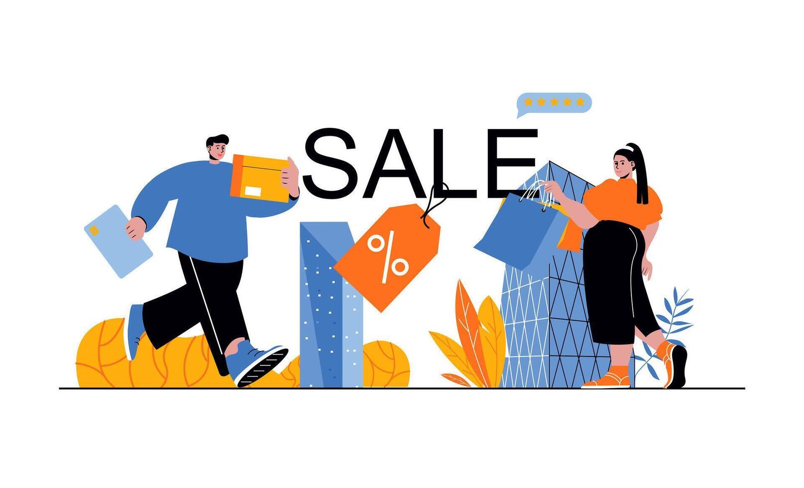 Discount sale web concept with people in flat cartoon design. Man and woman with shopping bags making purchases with bargain prices. Vector illustration for social media banner, marketing material.