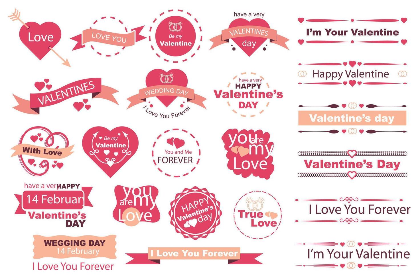 Valentine Day banners mega set in flat design. Bundle elements of romantic inscriptions and quotes on ribbons, labels, border frames, dividers decoration. Vector illustration isolated graphic objects