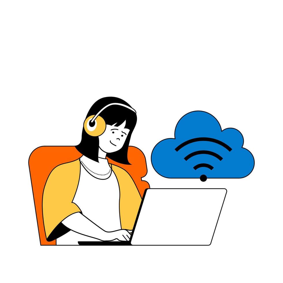 Cloud computing concept with cartoon people in flat design for web. Woman working at laptop with wifi access to database processing. Vector illustration for social media banner, marketing material.