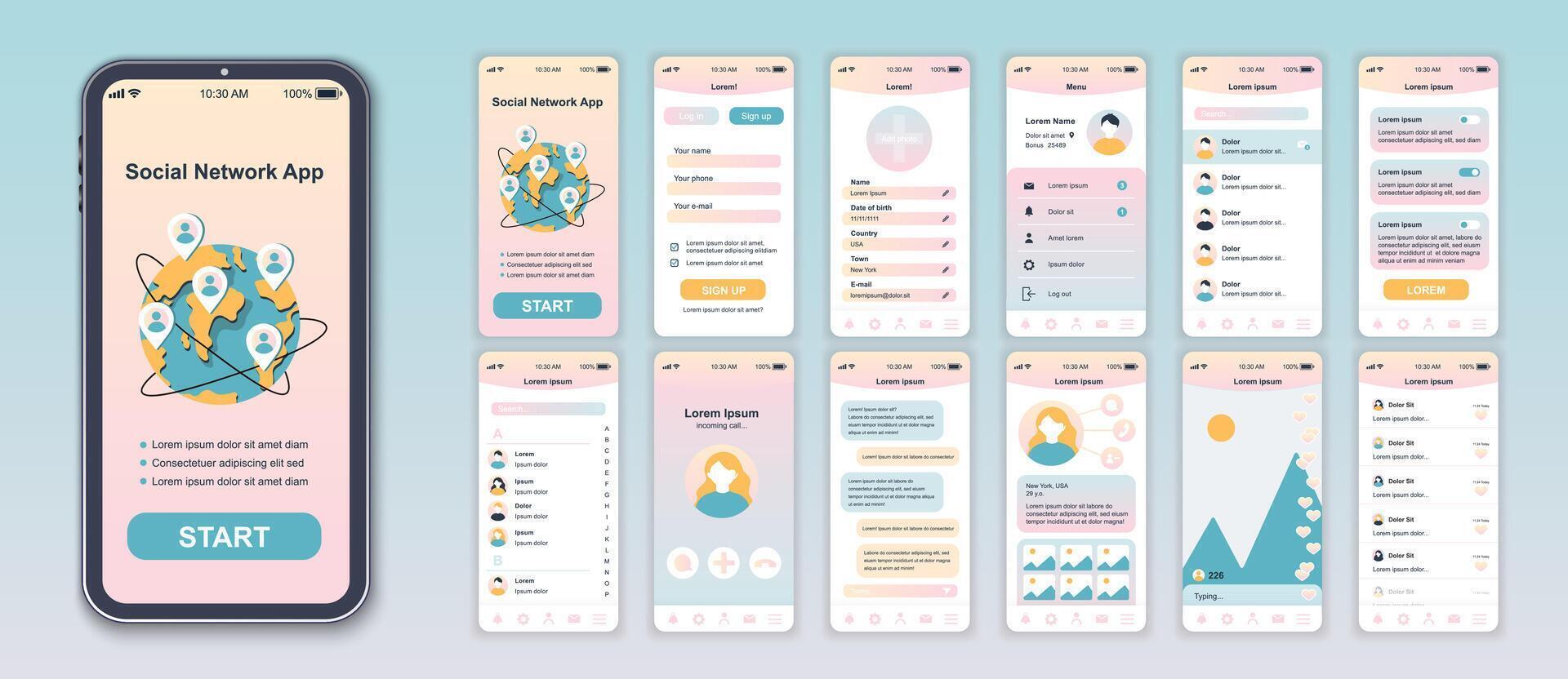 Social network mobile app interface screens template set. Account login, friends chat, contact calling, chat, live stream, statistic. Pack of UI, UX, GUI kit for application web layout. Vector design.