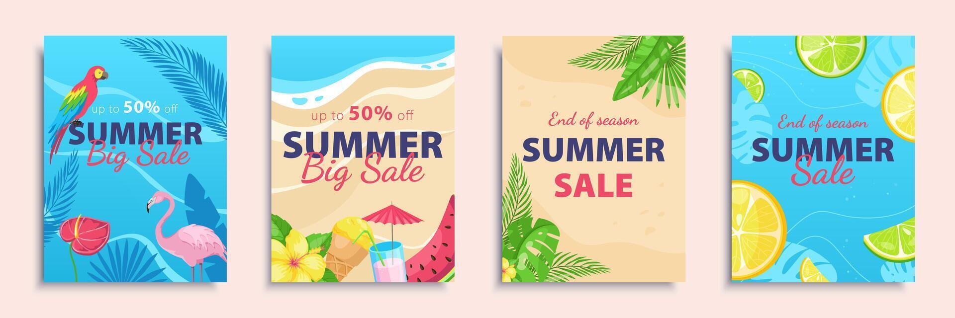 Summer sales cover brochure set in flat design. Poster templates with shopping clearance and discount offer cards with tropical palm tree leaves, parrots, flamingo, exotic flowers. Vector illustration