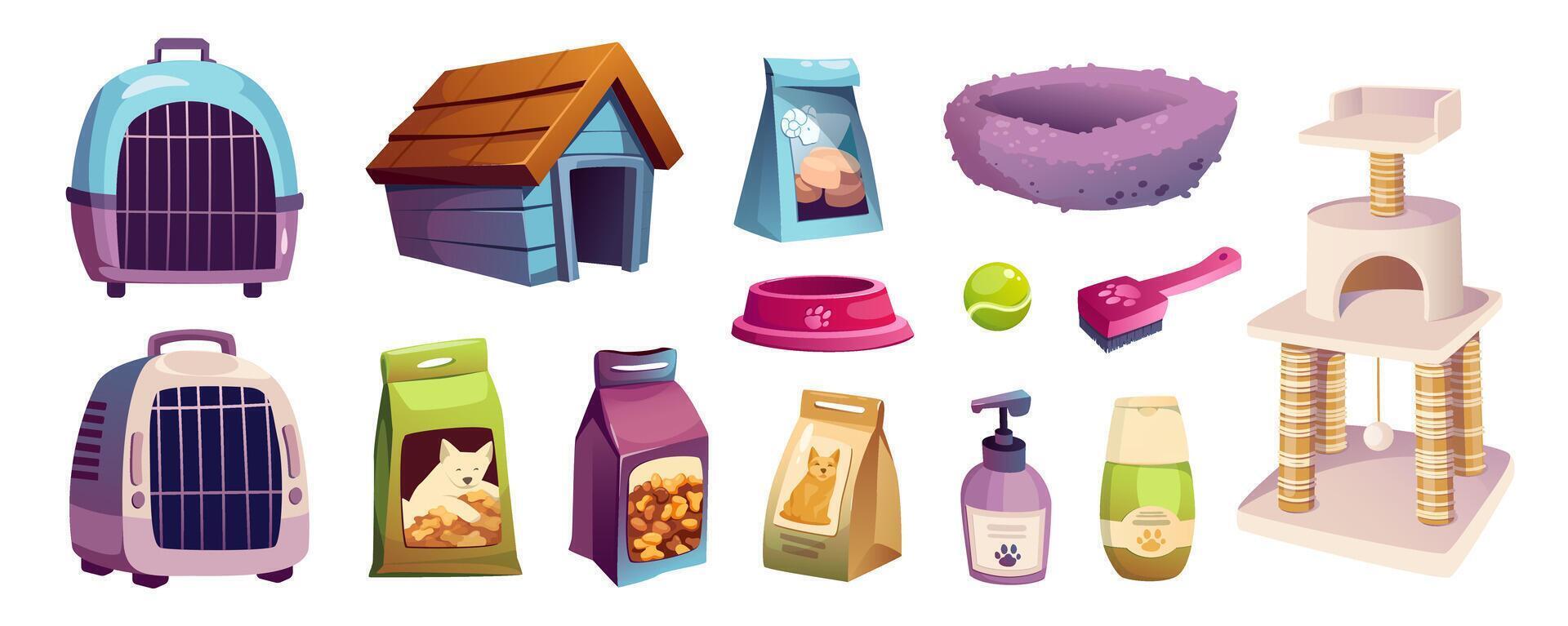 Pet shop mega set in cartoon graphic design. Bundle elements of cats and dogs care items, carriers, kennel, foods, bowl, shampoo, toys, house with scratching post. Vector illustration isolated objects