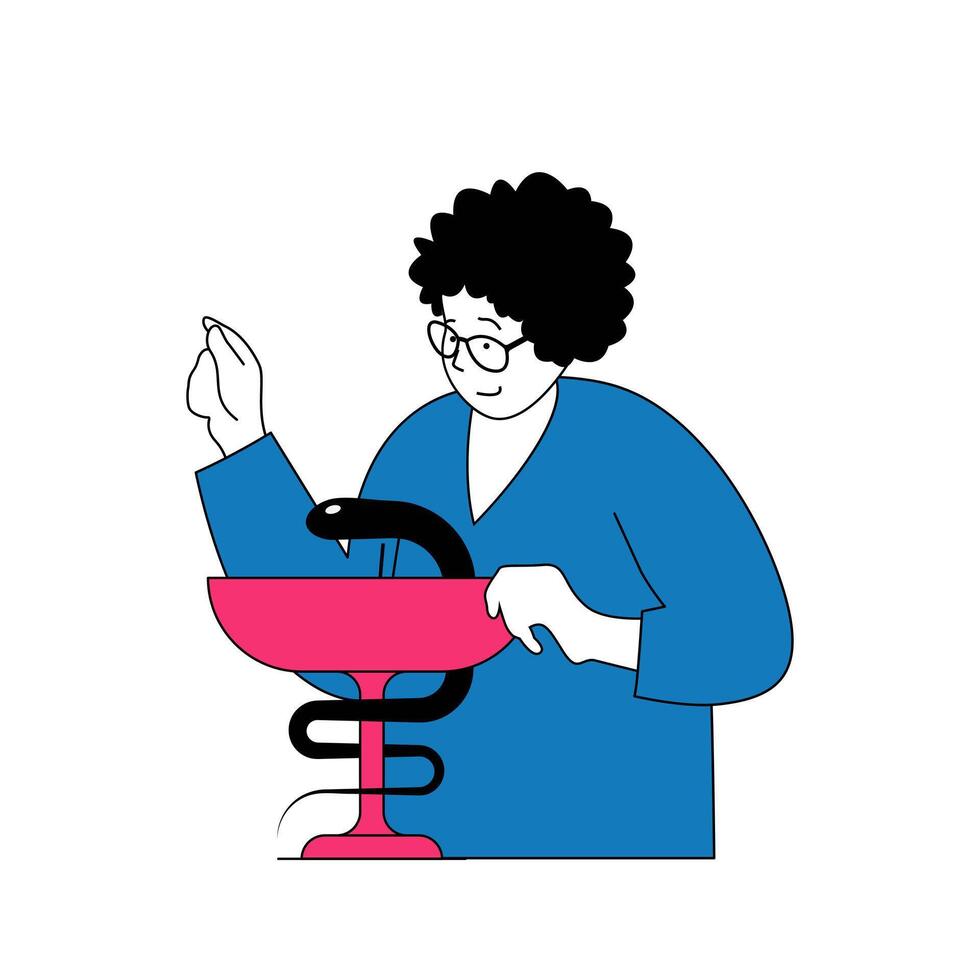 Medical concept with cartoon people in flat design for web. Woman works as doctor in clinic or hospital with goblet and snake sign. Vector illustration for social media banner, marketing material.