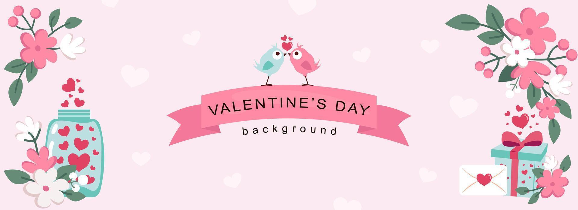 Valentine Day horizontal web banner. Cute birds couples kissing on ribbon, abstract flower bouquets, romantic gifts and hearts. Vector illustration for header website, cover templates in modern design