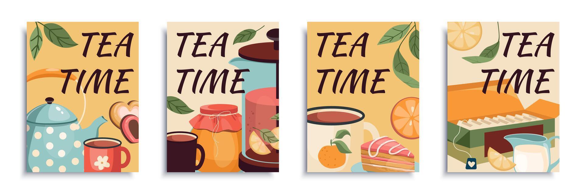 Tea time cover brochure set in flat design. Poster templates with cozy kettle, mugs and cups with beverage, honey or jam, milk in jar, lemons, cakes, cookies, tea packages in box. Vector illustration.