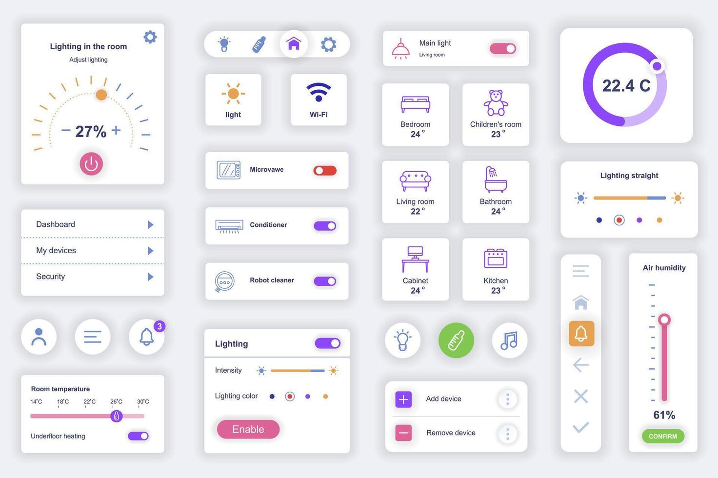 User interface elements set for smart home mobile app. Kit template with HUD diagrams, security control, monitoring temperature, electricity, lighting. Pack of UI, UX, GUI screens. Vector components.