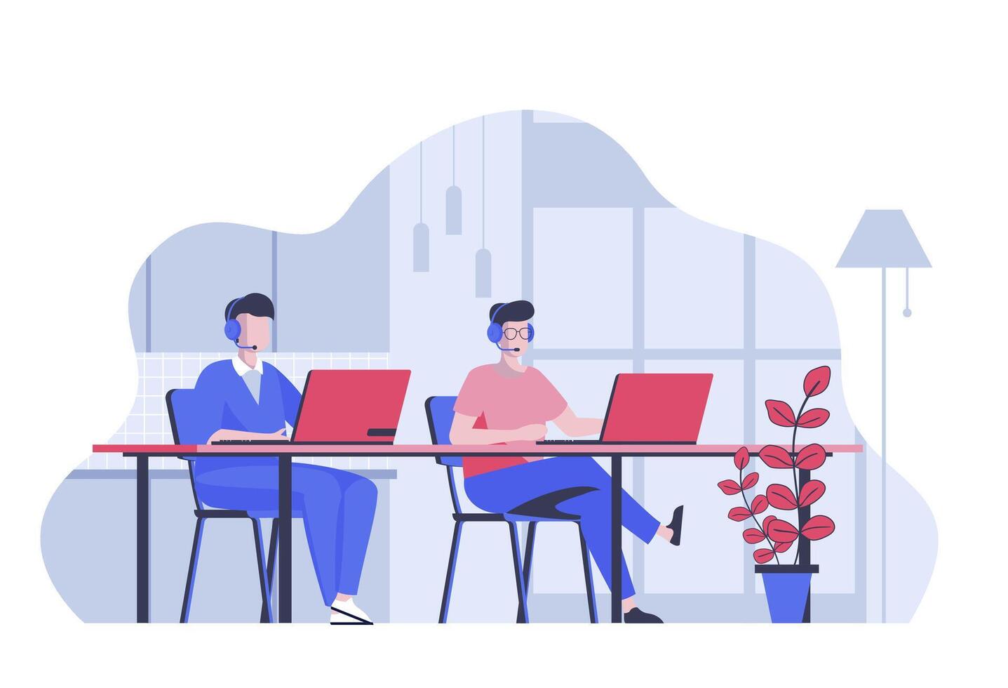 Call center concept with cartoon people in flat design for web. Operator team works at laptops, supporting and answering clients. Vector illustration for social media banner, marketing material.