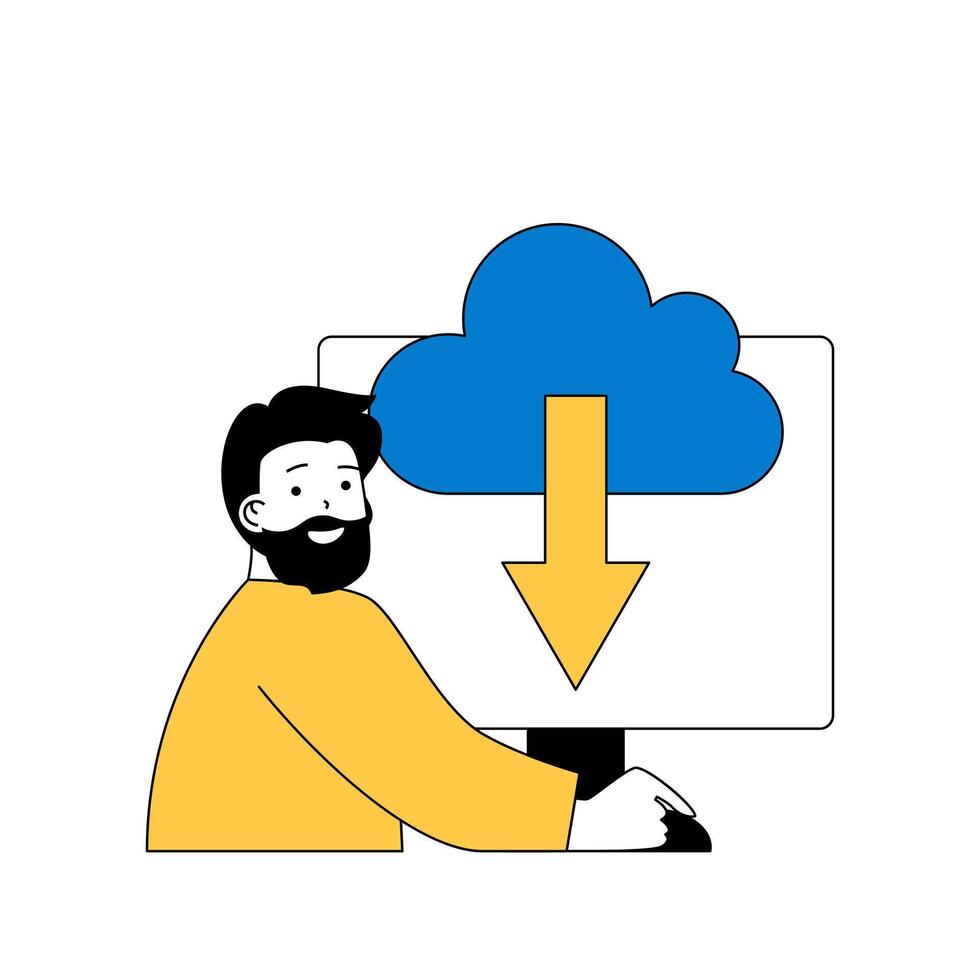 Cloud computing concept with cartoon people in flat design for web. Man downloading data from online storage server to computer. Vector illustration for social media banner, marketing material.