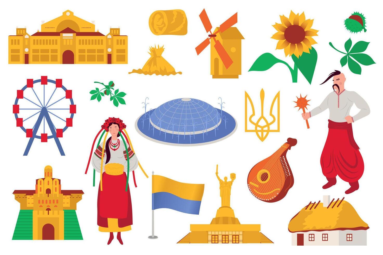 Ukraine culture symbols mega set in flat design. Bundle elements of ukrainians, yellow and blue flag, trident, chestnut, sunflower, Kyiv architecture. Vector illustration isolated graphic objects