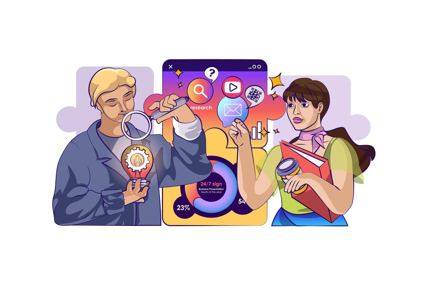 Business solution concept with people scene in flat cartoon design for web. Team searching new ideas and making creative research. Vector illustration for social media banner, marketing material.