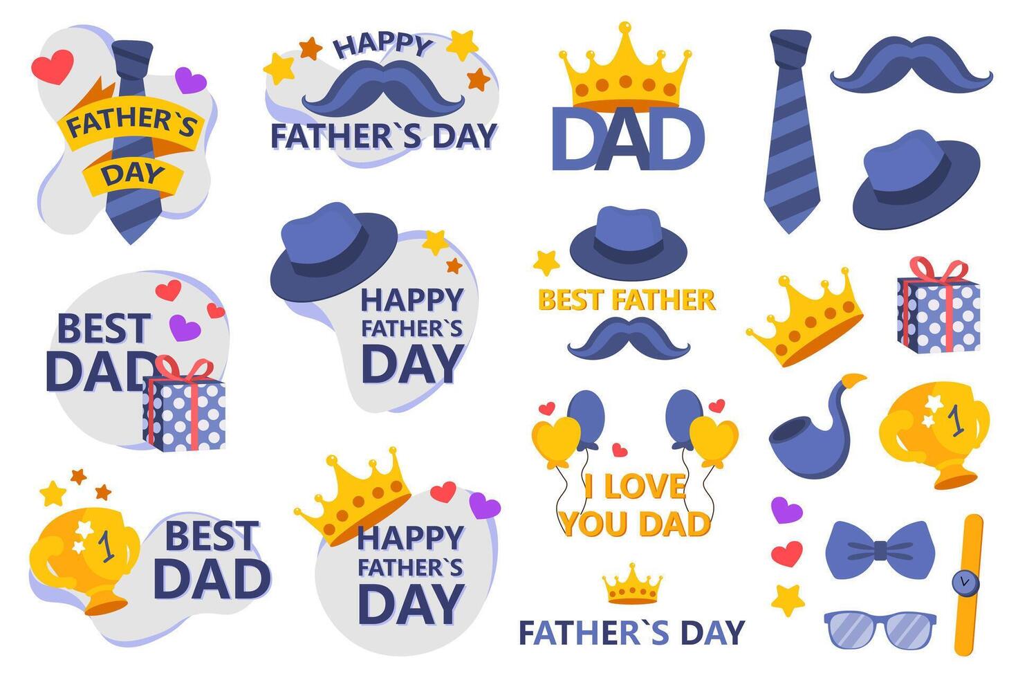 Father day mega set in flat design. Bundle elements of greeting cards compositions with quotes and mustaches, tie, hats, gifts, trophy cups and others. Vector illustration isolated graphic objects