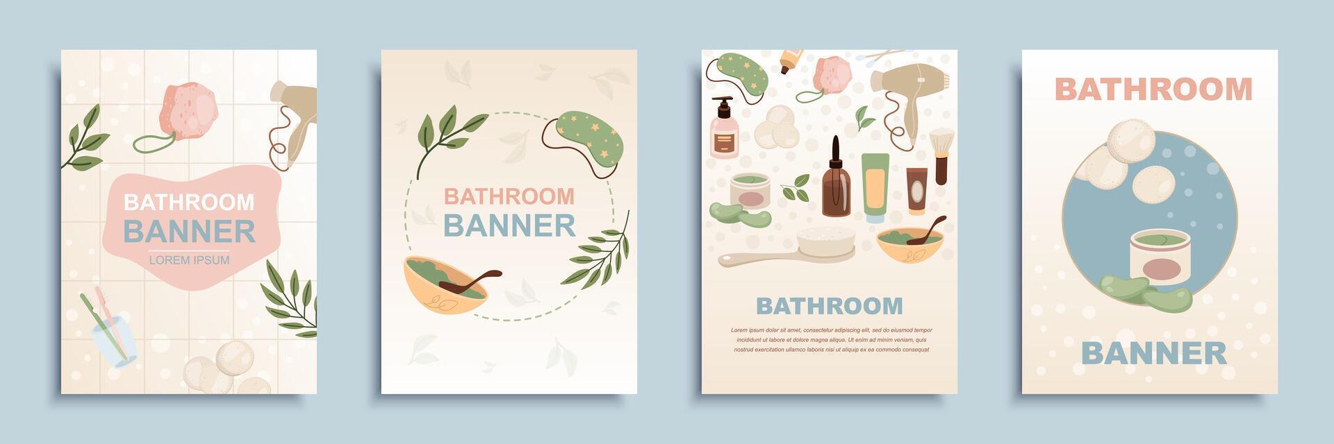 Bathroom cover brochure set in flat design. Poster templates with different cosmetics for skincare, hair care tools, creams and lotions bottles with natural organic ingredients. Vector illustration.