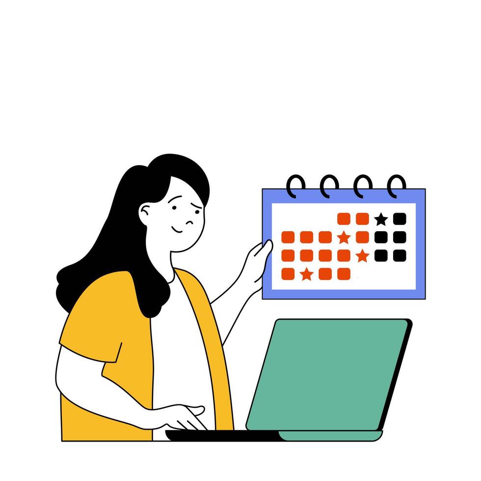 Social network concept with cartoon people in flat design for web. Woman planning new posts to online blog using calendar and laptop. Vector illustration for social media banner, marketing material.