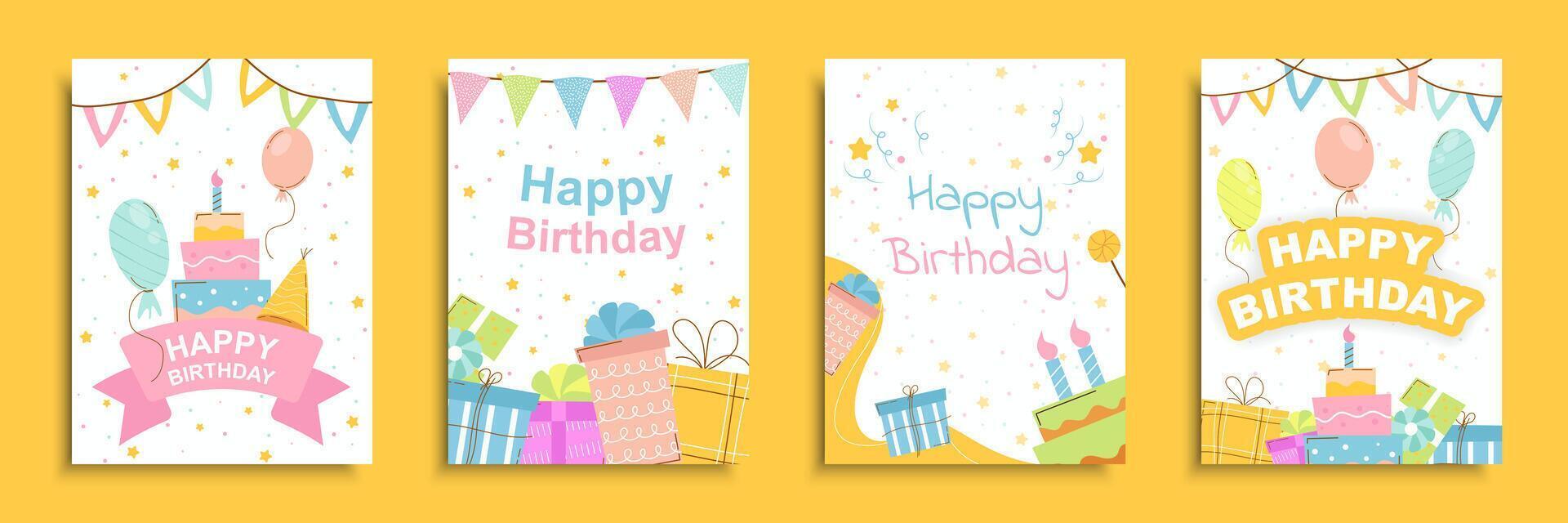 Happy birthday cover brochure set in flat design. Poster templates with colorful flag garlands, cake with candles, balloons and confetti, gift boxes with bows for surprise party. Vector illustration.