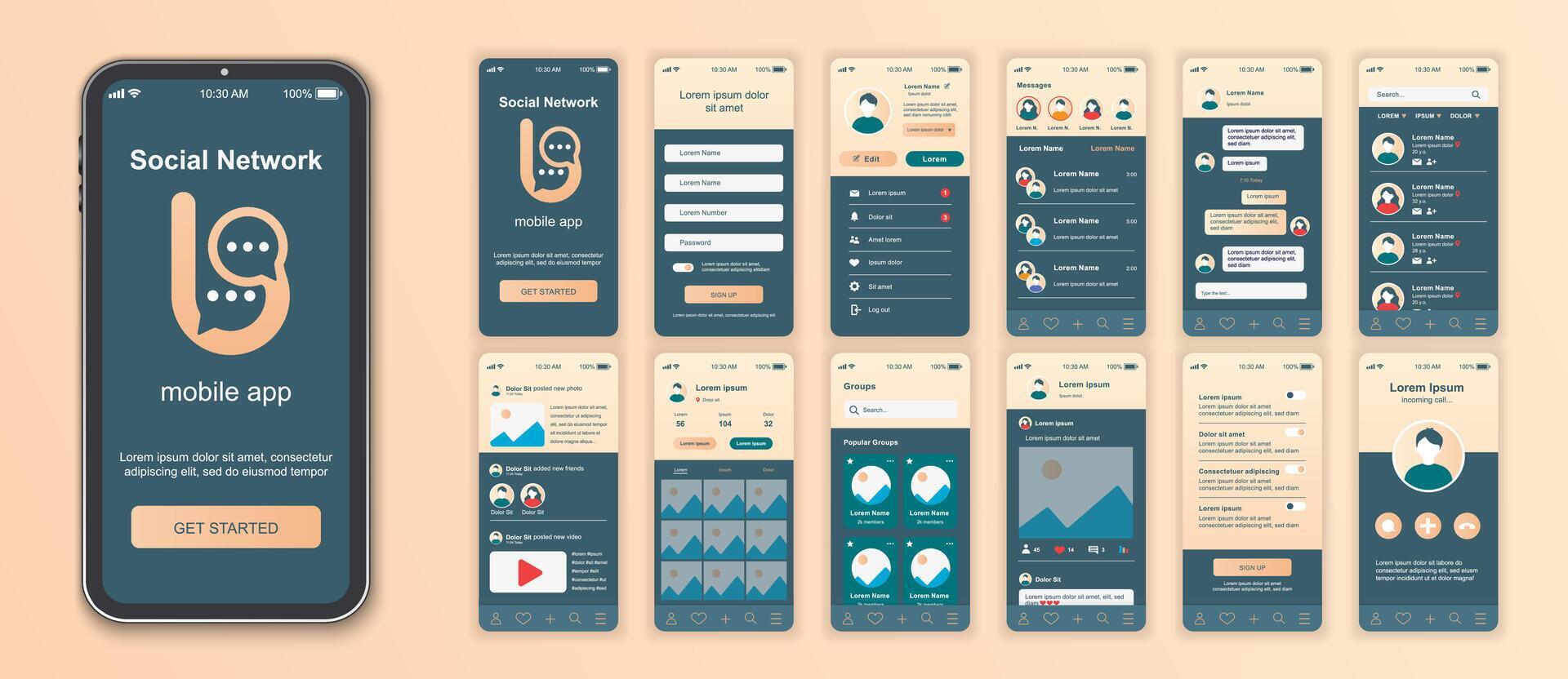 Social network mobile app interface screens template set. Online ...