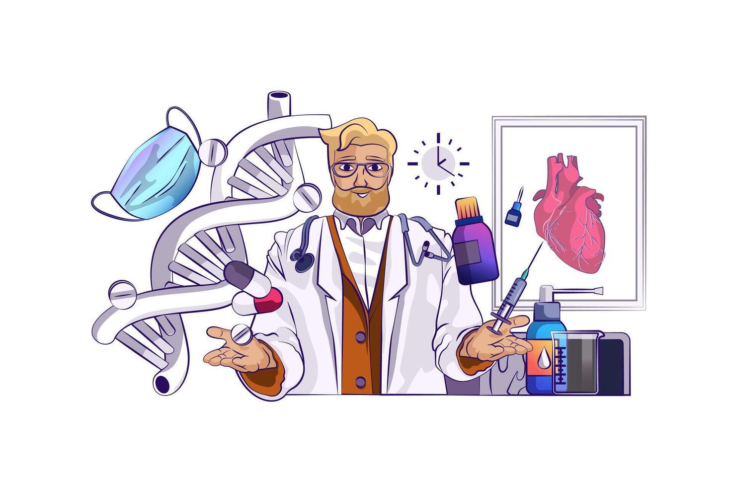 Medical service concept with people scene in flat cartoon design for web. Doctor diagnosis heart, researches dna, makes vaccination. Vector illustration for social media banner, marketing material.