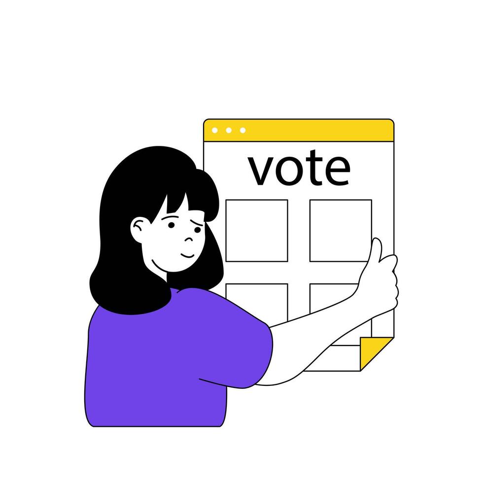 en línea votación concepto con dibujos animados personas en plano diseño para web. mujer toma parte en elección proceso y relleno votación lista forma. vector ilustración para social medios de comunicación bandera, márketing material.