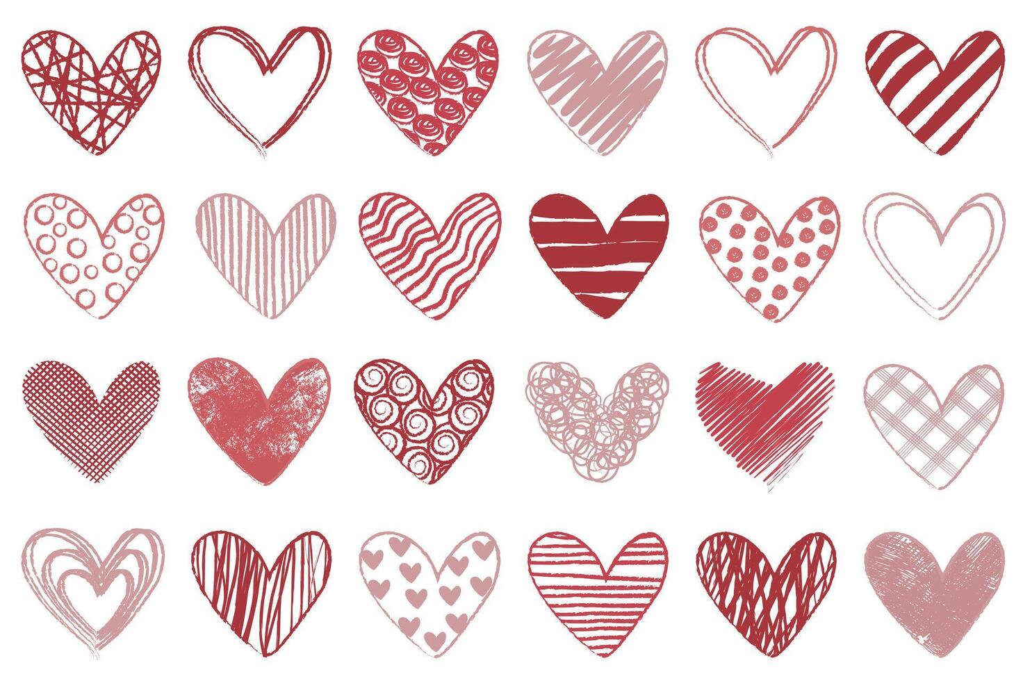 Hand drawn hearts mega set in flat design. Bundle elements of doodle simple romantic shapes with striped, lines or polka dots patterns, grunge texture. Vector illustration isolated graphic objects
