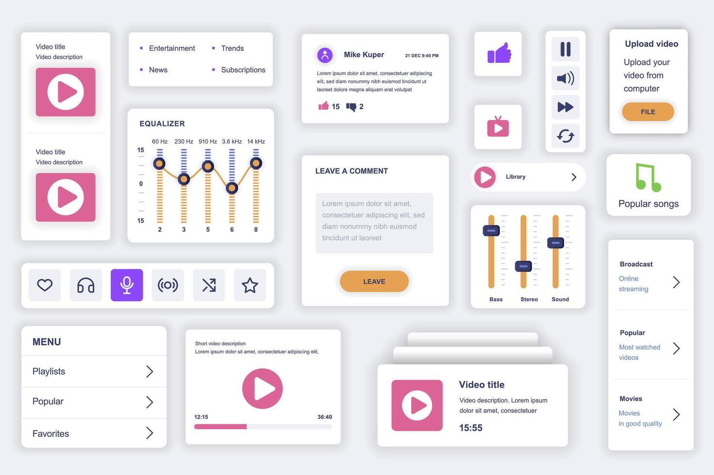 User interface elements set for video tube mobile app. Kit template with HUD diagrams, player button, streaming platform, equalizer, playlist, rating. Pack of UI, UX, GUI screens. Vector components.