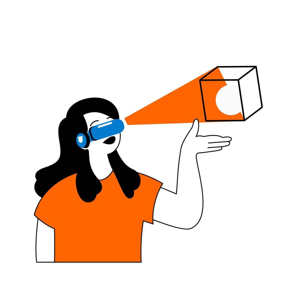 Virtual reality concept with cartoon people in flat design for web. Woman in VR headset interacting with cube modelling hologram . Vector illustration for social media banner, marketing material.