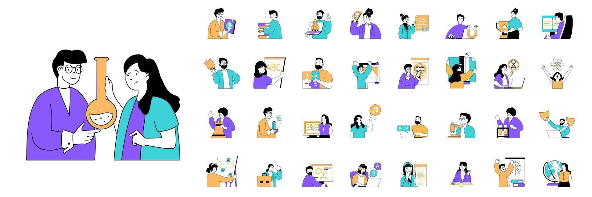 Education concept with people situations mega set in flat web design. Bundle scenes of studying courses, science research, e-learning. Vector illustrations for social media banner, marketing material.