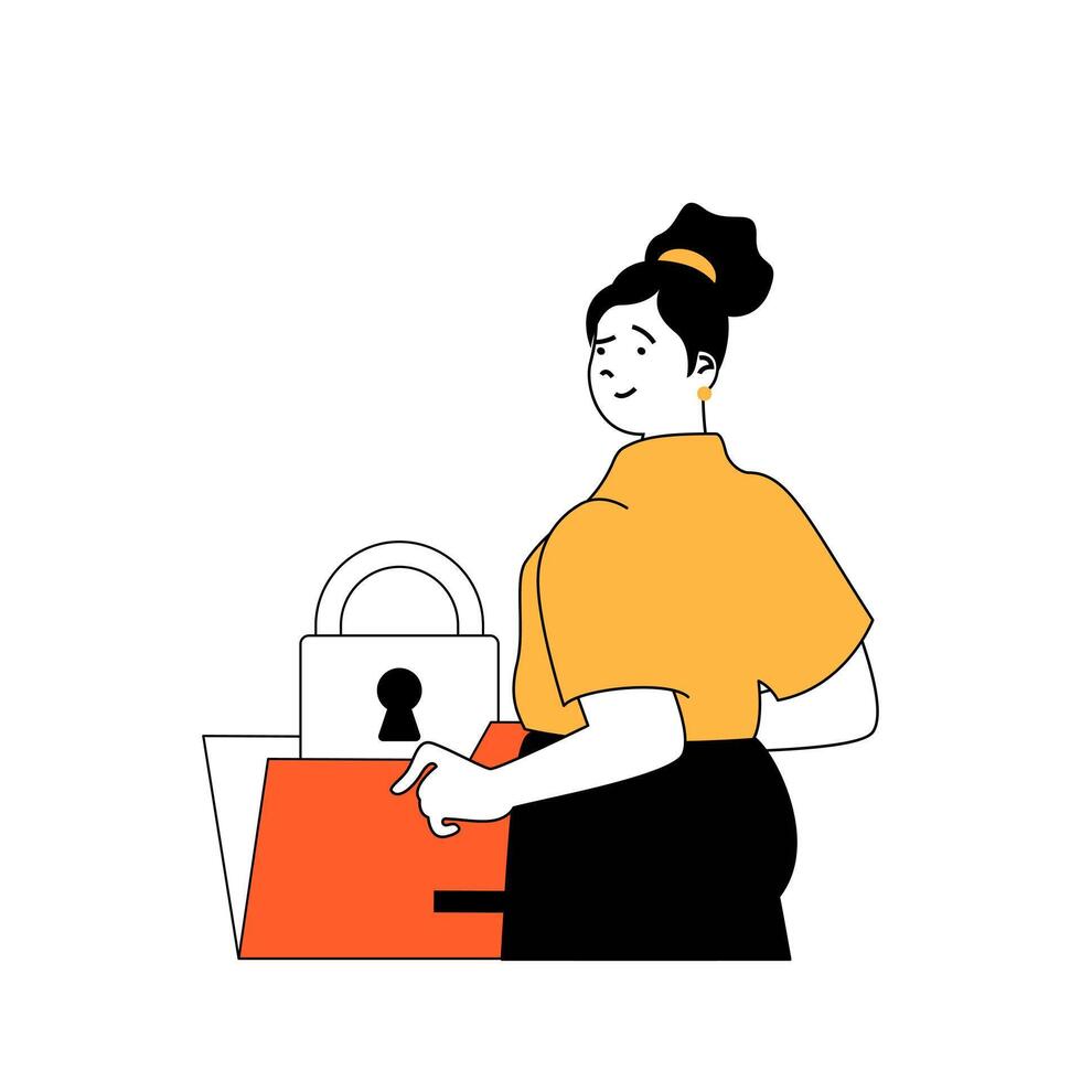 Cyber security concept with cartoon people in flat design for web. Woman using protective digital padlock for saving data folder. Vector illustration for social media banner, marketing material.