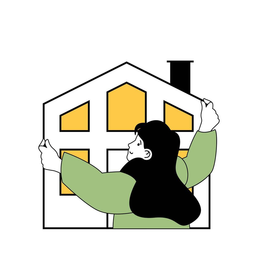 Insurance service concept with cartoon people in flat design for web. Woman protecting her house with assurance guarantee insurance. Vector illustration for social media banner, marketing material.