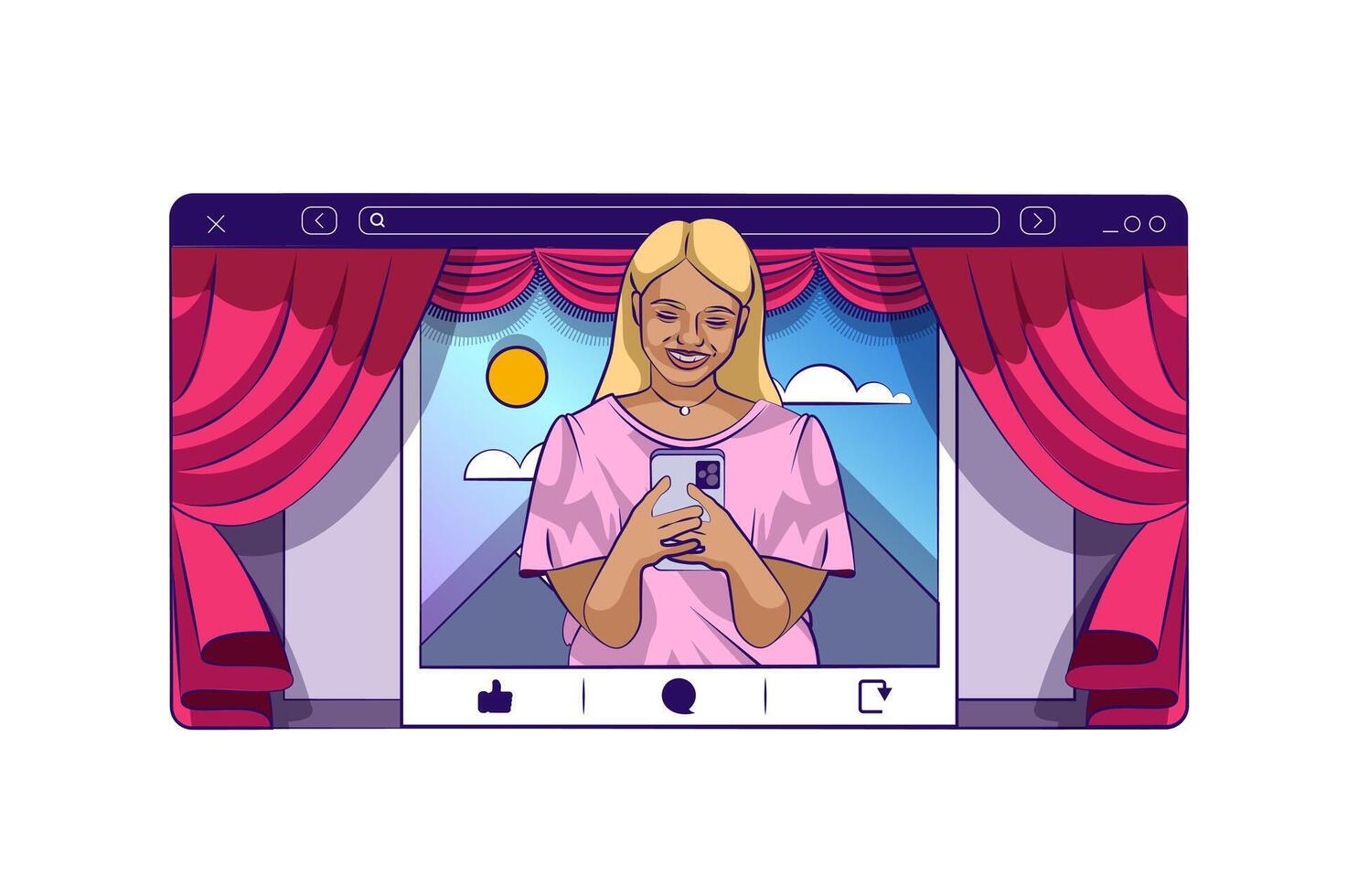 Social media concept with people scene in flat cartoon design for web. Woman posts photo, browsing friend news, blogging and influence. Vector illustration for social media banner, marketing material.